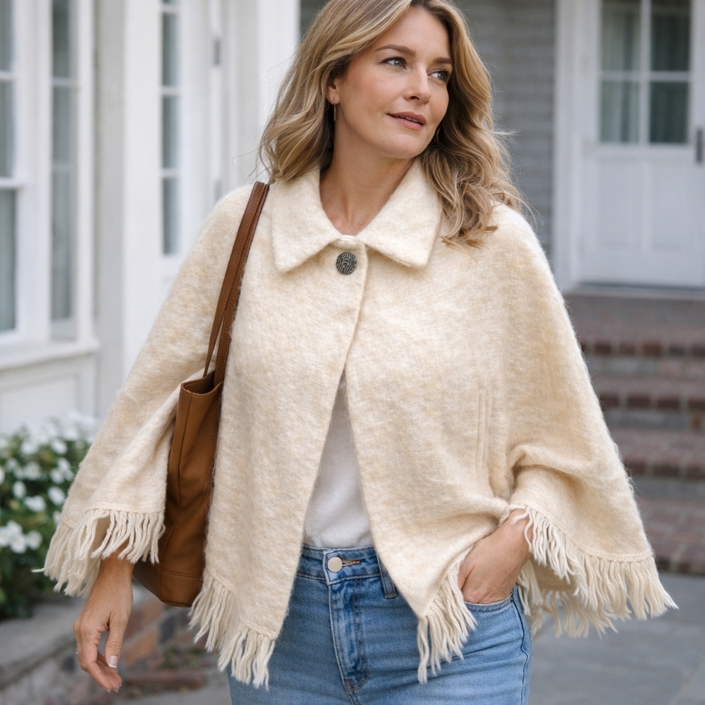 Vintage 80s Andrew Stewart Wool Mohair Poncho Cape One Size Cozy Fringe Western